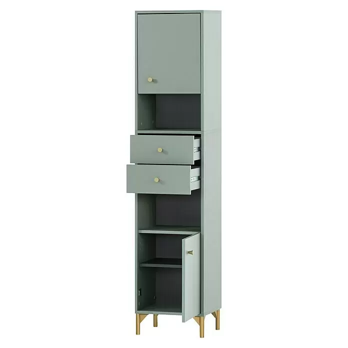 Schildmeyer Ando Hochschrank - B x T x H: 40,3 x 33,05 x 181,6 cm, Pistazie, Matt - Hoher hellgrüner Aufbewahrungsschrank mit goldenen Griffen und Beinen. Oben Tür, zwei geöffnete Schubladen, unten Tür mit Innenablage.