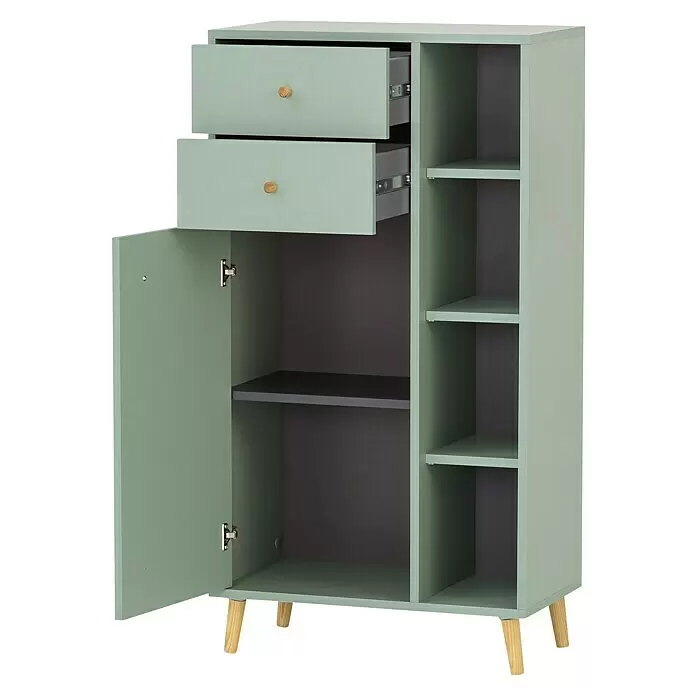 Schildmeyer Bjarne Highboard - 60,2 x 33,05 x 113,4 cm, Pistazie, Matt - Salbeigrüner Schrank mit zwei Schubladen, einer Tür mit Fach, drei offenen Regalen und Holzbeinen, vielseitige Aufbewahrung.