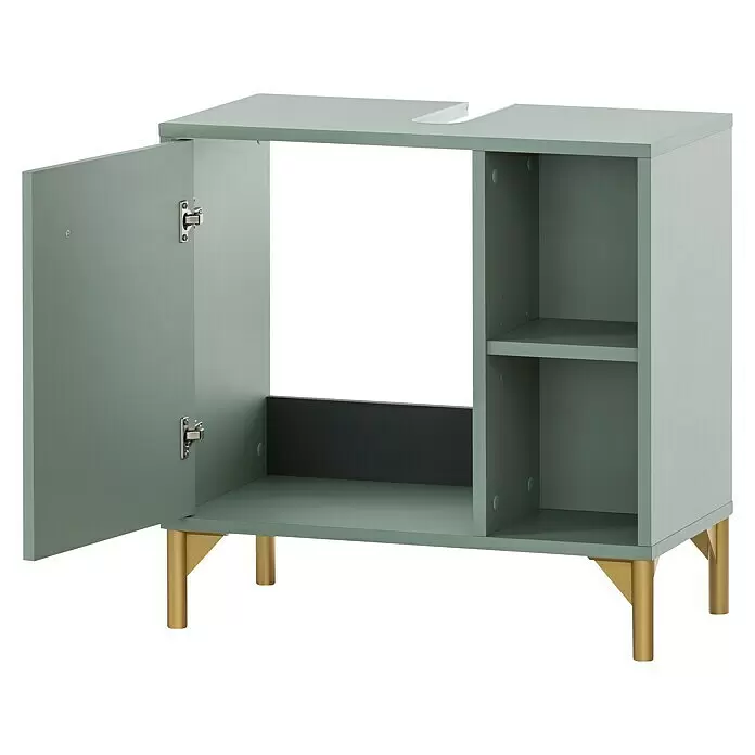 Schildmeyer Ando Waschtischunterschrank - 60,2 x 33,05 x 60,3 cm, Pistazie, Matt - Grüner Waschtischunterschrank mit offener Tür, offenen Regalen, goldenen Beinen und Waschtischausschnitt.
