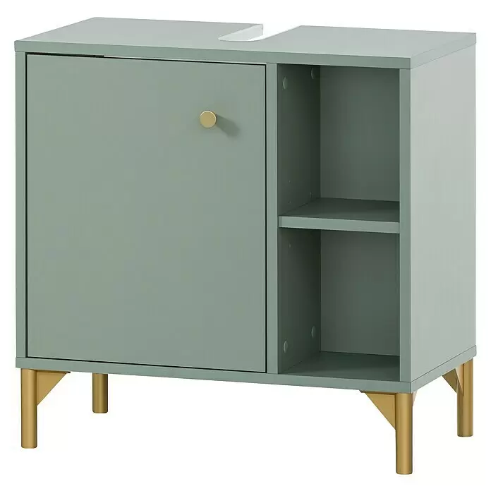 Schildmeyer Ando Waschtischunterschrank - 60,2 x 33,05 x 60,3 cm, Pistazie, Matt - Grüner Badschrank mit Tür, offenen Regalen und Waschtischausschnitt, ausgestattet mit goldenen Beinen und Griff.