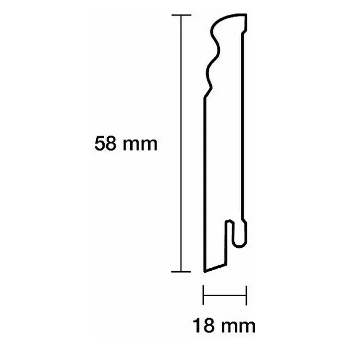 Sockelleiste - 244 x 1,8 x 5,8 cm, MDF, Beschichtet, Profiliert - Profilquerschnitt: 58 mm hohes, 18 mm dickes Zierprofil mit geschwungener Oberkante und Rückseitennut.