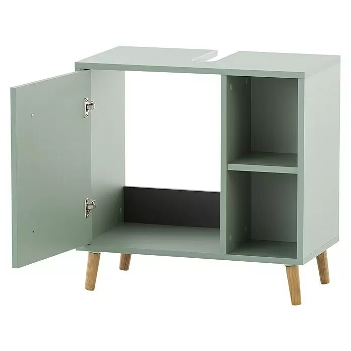 Schildmeyer Bjarne Waschtischunterschrank - 60,2 x 33,05 x 59,3 cm, Pistazie, Matt - Hellgrüner Badunterschrank mit offener Tür, Innenablagen, Waschtischausschnitt und Holzfüßen.