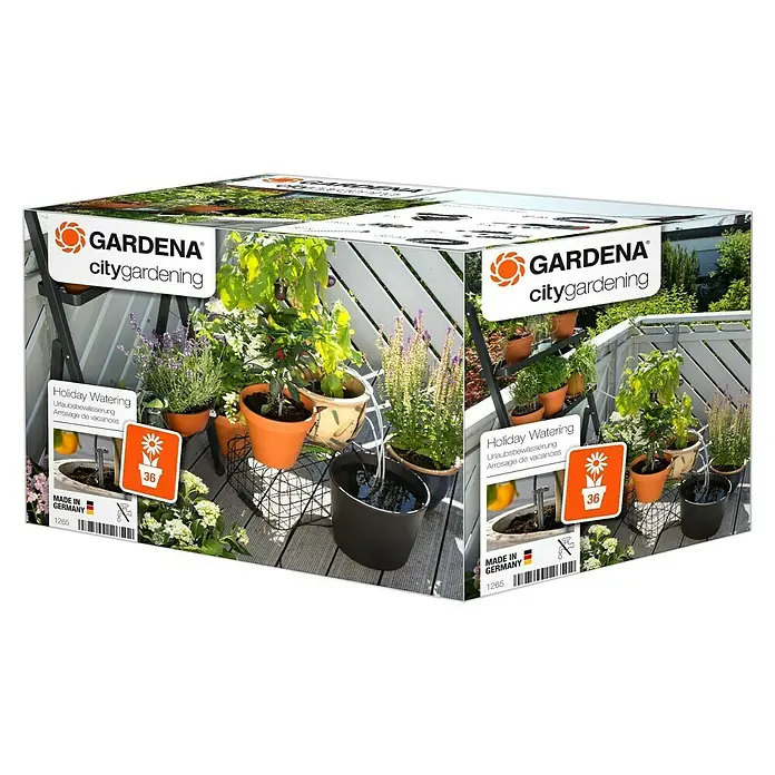 Gardena Micro-Drip Urlaubsbewässerung - Passend für: Für bis zu 36 Topfpflanzen - GARDENA City Gardening Holiday Watering Set, eine Bewässerungslösung für Pflanzen während der Urlaubszeit, mit Behälter und Bewässerungskomponenten.