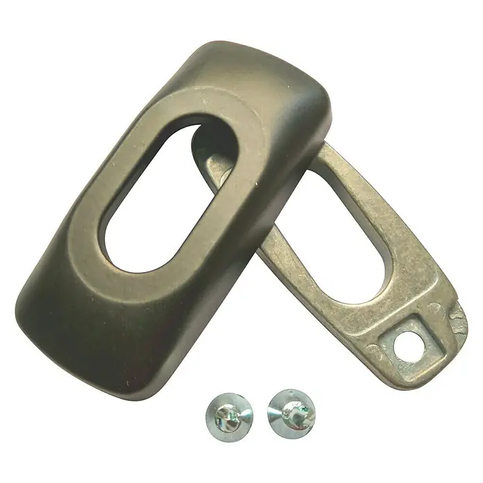 Escudo para cerraduras Ovalado - Negro - Primer plano de un mango de sartén con tornillos para su fijación, ideal para la reparación de utensilios de cocina y esenciales.