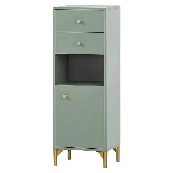 Schildmeyer Ando Highboard - 40,3 x 33,05 x 114,4 cm, Pistazie, Matt - Salbeigrüner Aufbewahrungsschrank mit zwei Schubladen, offenem Fach, Tür und goldenen Beschlägen und Beinen.