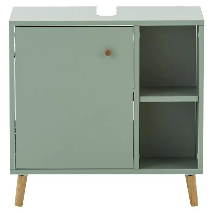 Schildmeyer Bjarne Waschtischunterschrank - 60,2 x 33,05 x 59,3 cm, Pistazie, Matt - Salbeigrüner Schrank mit Schiebetür, offenen Fächern, ausgestellten Holzbeinen und einer oberen Aussparung.