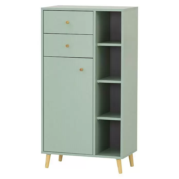 Schildmeyer Bjarne Highboard - 60,2 x 33,05 x 113,4 cm, Pistazie, Matt - Salbeigrüner Schrank mit zwei Schubladen, einer Tür, drei offenen Fächern und Holzbeinen sowie -knöpfen.