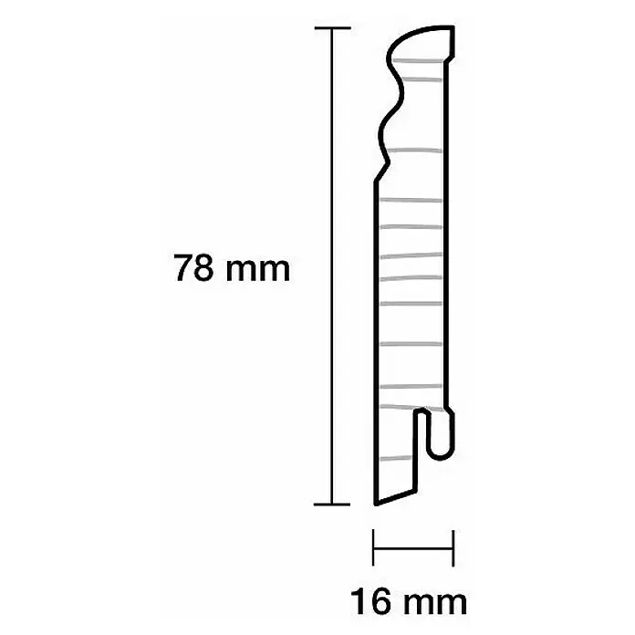 Sockelleiste - 240 x 1,6 x 7,8 cm, Kiefer, Profiliert - Technische Zeichnung eines dekorativen Leistenprofils, 78mm hoch und 16mm dick.