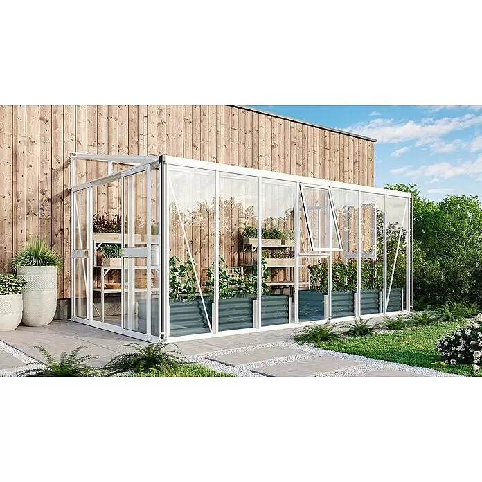 Vitavia Gewächshaus Helena 11900 - Außenmaß inkl. Dachüberstand (B x T): 460 x 266 cm, 3 mm, Weiß - Weiß gerahmtes Glasgewächshaus voller Pflanzen, auf einer Terrasse neben einem Holzgebäude.