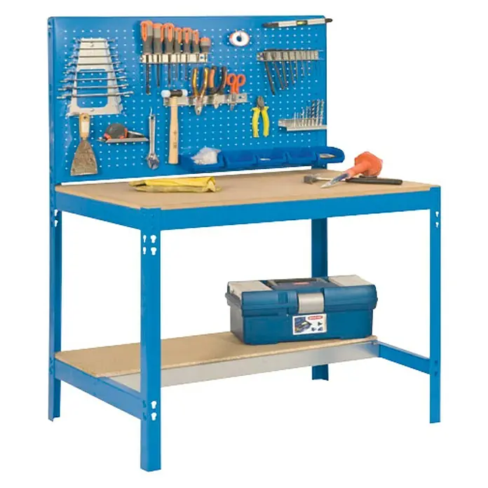 Simonrack Simonwork Banco de trabajo BT2 - Azul, Ancho: 121 cm - Banco de trabajo con herramientas. El banco de trabajo azul ofrece almacenamiento con un estante inferior para una caja de herramientas y un panel perforado.
