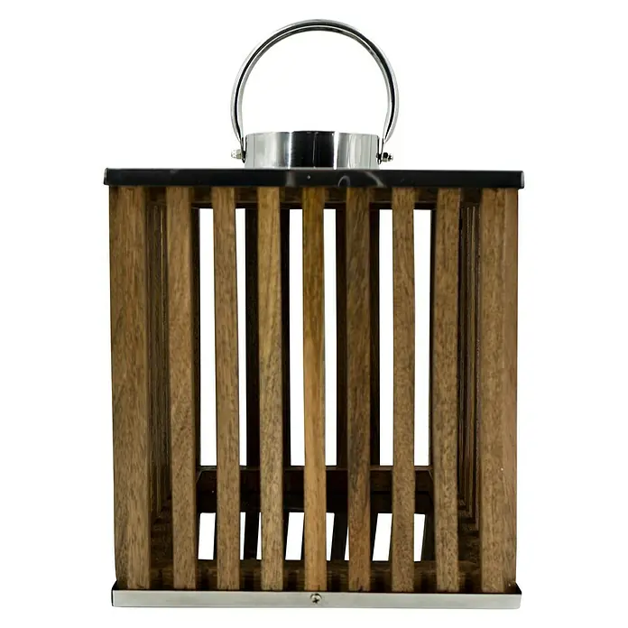 Laterne Mangoholz - L x B x H: 25 x 25 x 30 cm, Natur, Quadratisch - Eine dekorative Holzlaterne mit Metallakzenten und einem eleganten Tragegriff, ideal für stimmungsvolle Beleuchtung im Innen- und Außenbereich.