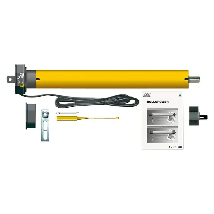 Schellenberg Motor tubular Mini Standard - Fuerza de tracción: 6 kg - Imagen de un motor para persianas enrollables Schellenberg Rollopower, completo con accesorios. Motor tubular amarillo con cable negro y manual de usuario.