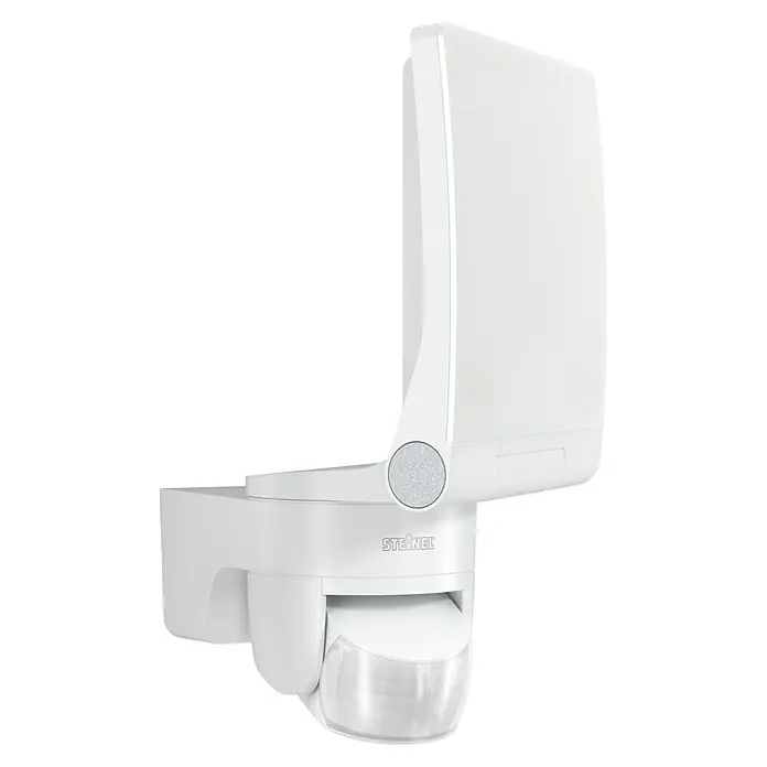 Steinel LED-Sensor-Strahler XLED home 2 S silber - 13,7 W, L x B x H: 161 x 180 x 218 mm, Silber, IP44 - Nahaufnahme eines weißen Steinel Bewegungsmelders mit drehbarem Sensor und weißem Gehäuse vor einem schwarzen Hintergrund.