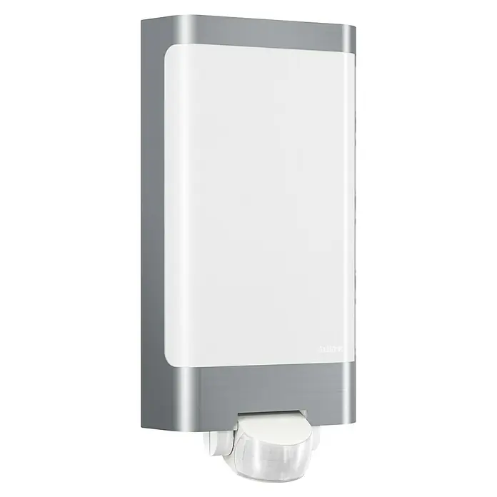 Steinel LED-Sensor-Außenwandleuchte L 240 S Edelstahl - 9,3 W, L x B x H: 8,1 x 16,5 x 30,5 cm, Weiß/Edelstahl, Warmweiß - Sensorleuchte mit rechteckigem, grauem Gehäuse und weißer Sensorabdeckung für den Außenbereich.