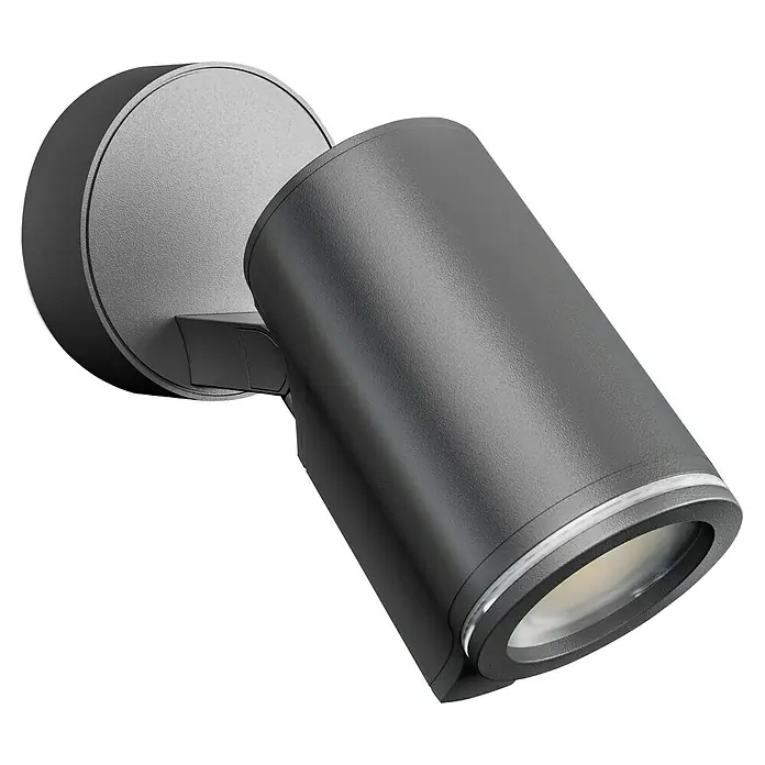 Steinel Foco LED para exterior Spot One - 6,7 W, L x An x Al: 9,8 x 9,7 x 17,5 cm, Antracita, IP44 - Primer plano de un elegante aplique de pared negro, que combina diseño moderno y funcionalidad.