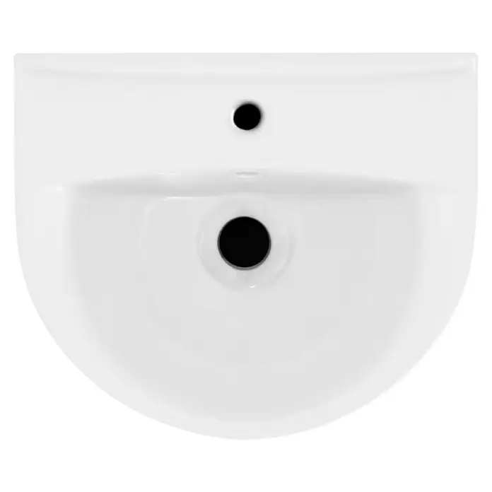 Cersanit Waschtisch President - 50 x 43,5 cm, Ohne Spezialglasur, Hahnloch: Mitte, Mit Überlauf, Weiß - Ein hochauflösendes Bild von einem weißen Keramikwaschbecken mit einem Hahnloch und einem mittigen Abfluss. Das Becken hat ein modernes, minimalistisches Design.