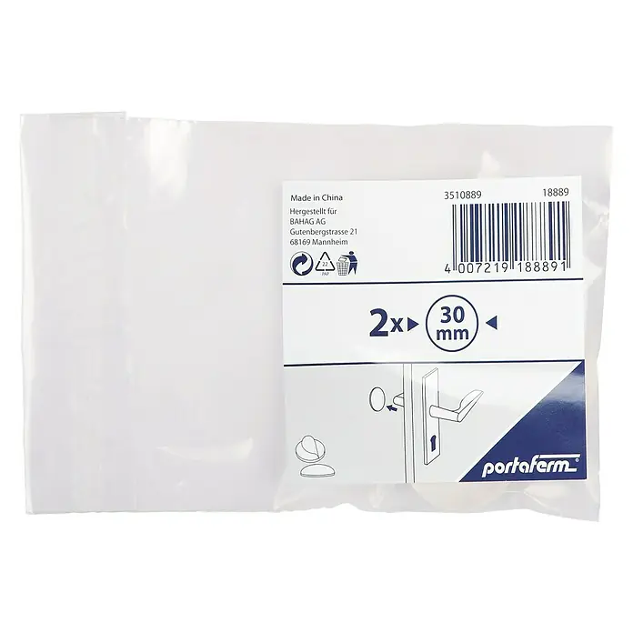 Portaferm Türpuffer - Durchmesser: 30 mm, Weiß, 2 Stk. - Abbildung einer Verpackung mit 2 Türbeschlägen, 30 mm, Marke Portaferm, hergestellt in China, ideal für die Montage von Türgriffen.