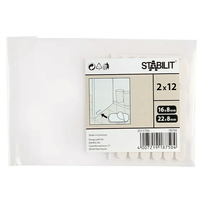 Stabilit Lärm-Dämpfer - L x B x H: 16 x 8 x 8 mm, 24 Stk. - Bild einer Packung STABILIT Möbelgleiter in zwei Größen (16x8mm und 22x8mm), ideal zum Schutz von Böden und Möbeln vor Kratzern.