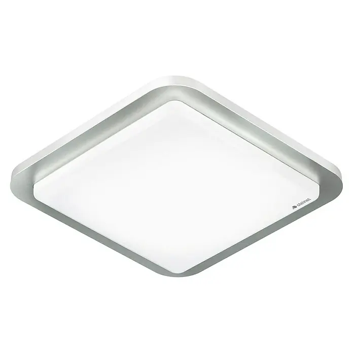 Steinel Sensor-Wand- & Deckenleuchte RS LED D2 S - 8,8 W, L x B x H: 30 x 30 x 6,5 cm, Weiß/Silber - Eine quadratische Steinel LED-Deckenleuchte mit silbernem Rahmen vor schwarzem Hintergrund für den Innenbereich.