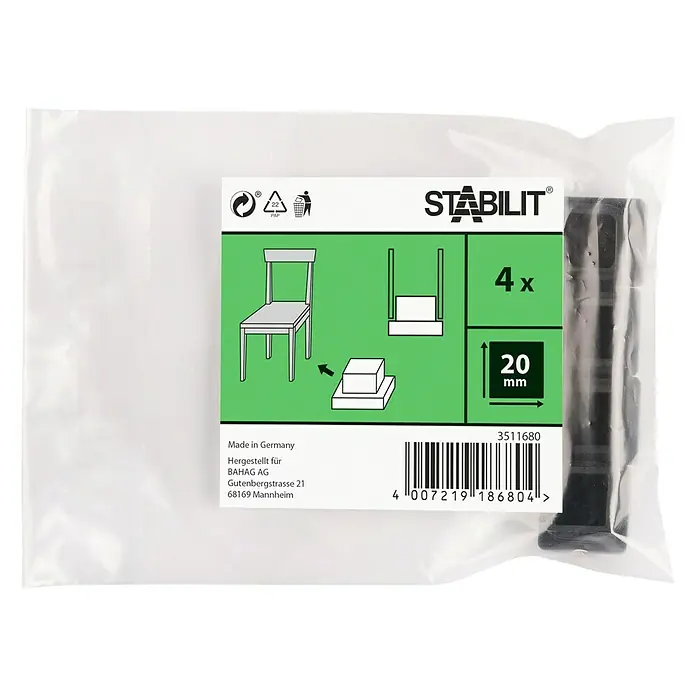 Stabilit Protector para muebles - An x L: 20 x 20 mm, Negro, 4 ud. - Un paquete de tapas para patas de silla Stabilit, que contiene 4 tapas negras de 20 mm, fabricadas en Alemania.