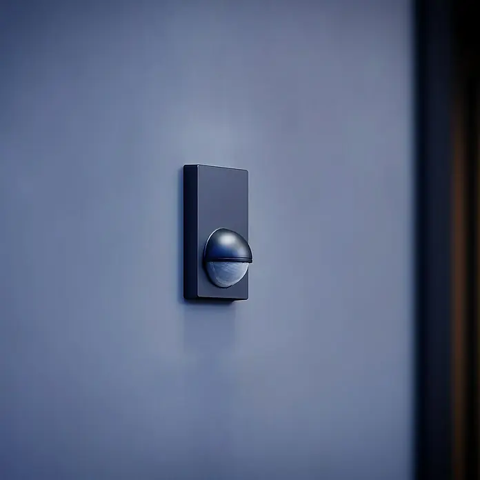 Steinel Bewegungsmelder IS 180-2 schwarz - Reichweite Sensor: 12 m, Schwarz, Erfassungswinkel Sensor: 180 °, L x B x H: 56 x 76 x 120 mm - Nahaufnahme eines Bewegungsmelders an einer blauen Wand, der für automatische Beleuchtung sorgt.\n