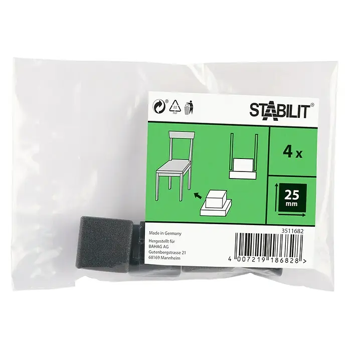 Stabilit Protector para muebles - An x L: 25 x 25 mm, Negro, 4 ud. - Imagen de un paquete que contiene deslizadores para muebles Stabilit, de 25 mm, 4 unidades, para un fácil montaje en las patas de las sillas.