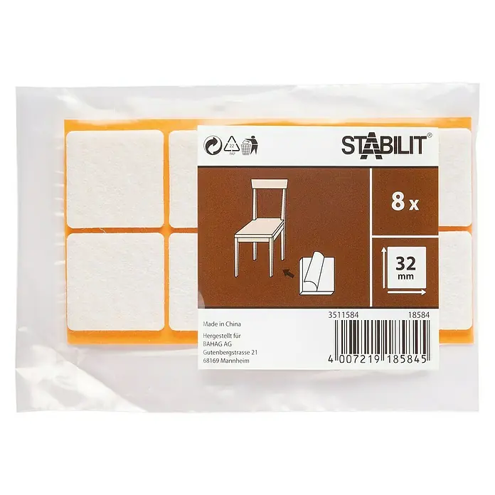 Stabilit Protector para muebles - 8 ud., Blanco - Imagen de un paquete de fieltros Stabilit que contiene 8 unidades, cada una de 32 mm, perfectas para proteger muebles y suelos.