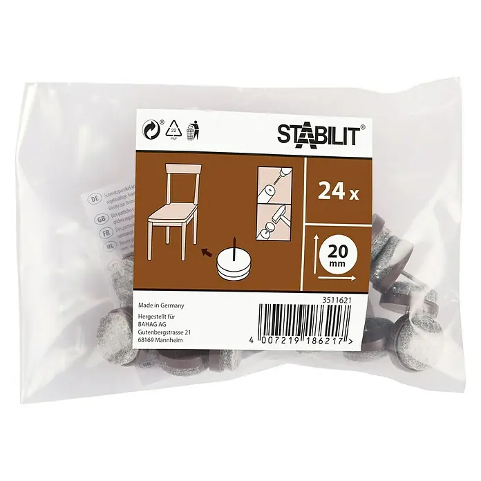 Stabilit Protector para muebles - Diámetro: 20 mm, Redonda, 24 ud., Marrón - Imagen de un paquete de deslizadores para muebles Stabilit, 24 unidades con un diámetro de 20 mm. Ideal para proteger los suelos de arañazos.