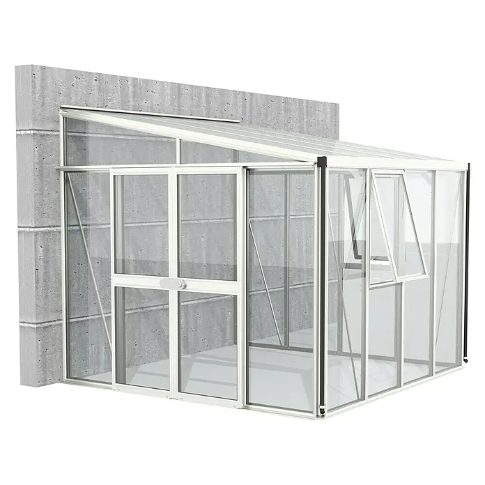 Vitavia Gewächshaus Helena 7000 - Außenmaß inkl. Dachüberstand (B x T): 271 x 266 cm, 3 mm, Weiß - Ein modernes, an der Wand montiertes Gewächshaus mit weißen Rahmen und transparenten Glasscheiben, ideal für den Anbau von Pflanzen.