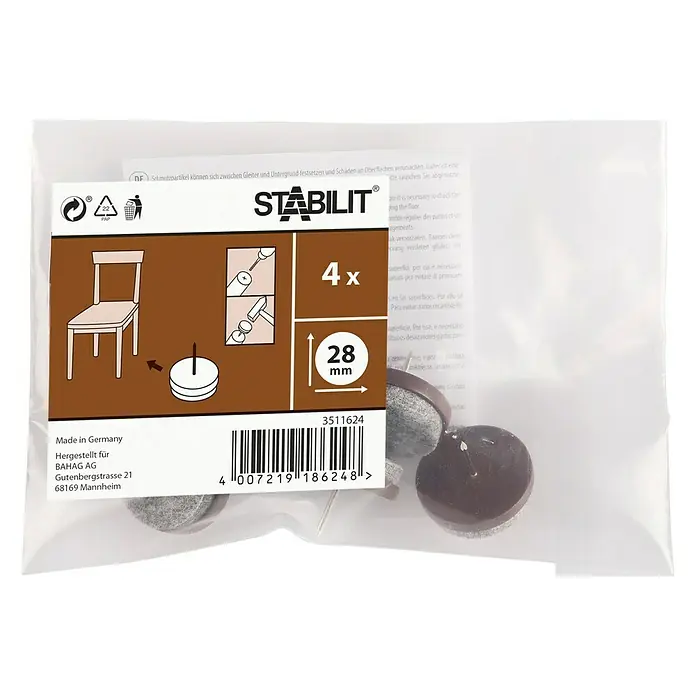 Stabilit Protector para muebles - Diámetro: 28 mm, Redonda, 4 ud., Marrón - Juego de protectores de fieltro marrón con clavo de Stabilit para muebles y sillas, para proteger el suelo de arañazos.