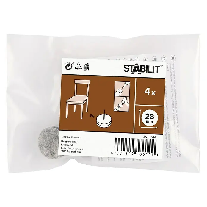 Stabilit Protector para muebles - Diámetro: 28 mm, Redonda, 4 ud., Blanco - Imagen de deslizadores de muebles Stabilit: almohadillas de fieltro con clavo, diámetro 28mm, 4 piezas, para patas de sillas y muebles, Made in Germany.