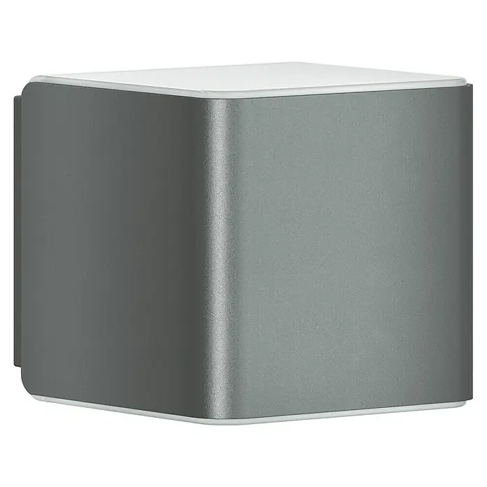 Steinel LED-Sensor-Außenwandleuchte L 840 SC anthrazit - 9,1 W, L x B x H: 11 x 11 x 13,35 cm, Anthrazit, Warmweiß - Nahaufnahme einer modernen, grauen Wandleuchte mit abgerundeten Kanten und weißem Diffusor für stilvolle Beleuchtung.