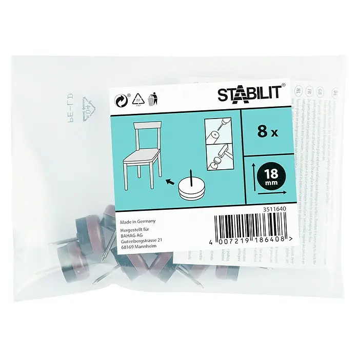 Stabilit Plastik-Gleiter - 18 mm, 8 Stk., Braun, Mit Stift - Packung mit 8 Stabilit Möbelgleitern mit einem Durchmesser von 18 mm zur einfachen Montage und zum Schutz von Böden.