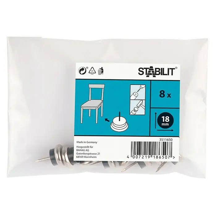 Stabilit Taco de teflón para patas - Diámetro: 18 mm, Metal, Redonda, 8 ud. - Imagen de un paquete de deslizadores para sillas Stabilit con almohadillas de fieltro, 8 unidades, 18 mm, para proteger los suelos de arañazos y daños.