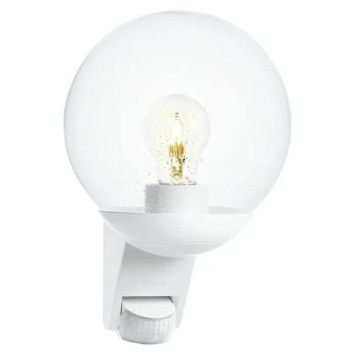 Steinel Sensor-Außenleuchte L 585 S weiß - 60 W, 22,8 x 21,5 x 30,7 cm, Weiß, IP44 - Weiße Außenleuchte mit Bewegungsmelder und kugelförmigem Lampenschirm, die eine gemütliche Atmosphäre im Außenbereich schafft.