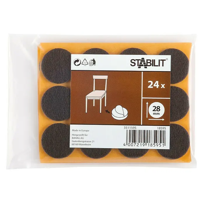 Stabilit FilzgleiterDurchmesser: 28 mm, 24 Stk., Braun, Kleben - Filzgleiter von Stabilit, 24 Stück, Durchmesser 28 mm, zum Schutz von Böden vor Kratzern und Beschädigungen durch Möbel.