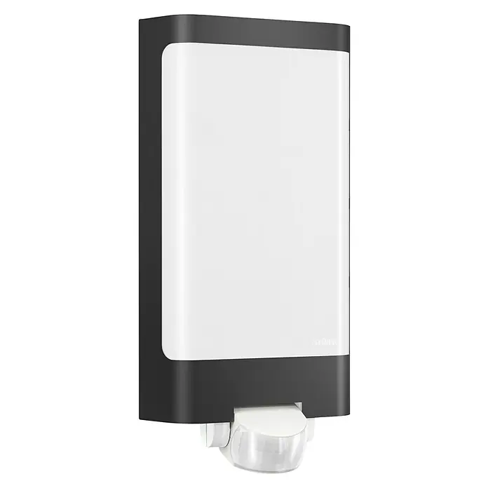 Steinel LED-Sensor-Außenwandleuchte L 240 S anthrazit - 9,3 W, L x B x H: 8,1 x 16,5 x 30,5 cm, Anthrazit/Weiß, Warmweiß - Eine schwarze und weiße Steinel-Außenleuchte mit Bewegungsmelder für den Außenbereich.