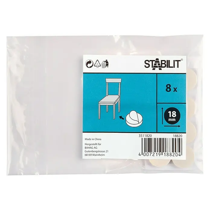 Stabilit Teppichgleiter18 mm, Grau, 8 Stk., Kleben - Bild von einem Set Stabilit Möbelgleiter, 8 Stück, Durchmesser 18mm, verpackt in einer transparenten Plastiktüte.