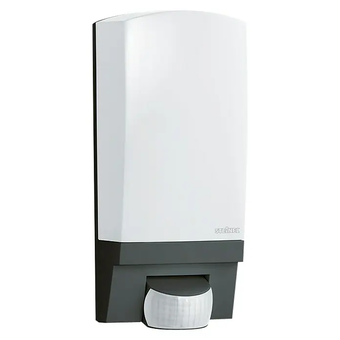 Steinel Sensor-Außenleuchte L 1 S schwarz - 60 W, 120 x 110 x 255 mm, Schwarz, IP44 - Das Bild zeigt eine Steinel Außenleuchte mit Bewegungsmelder in einem modernen Design. Die Lampe ist weiß mit grauen Akzenten.
