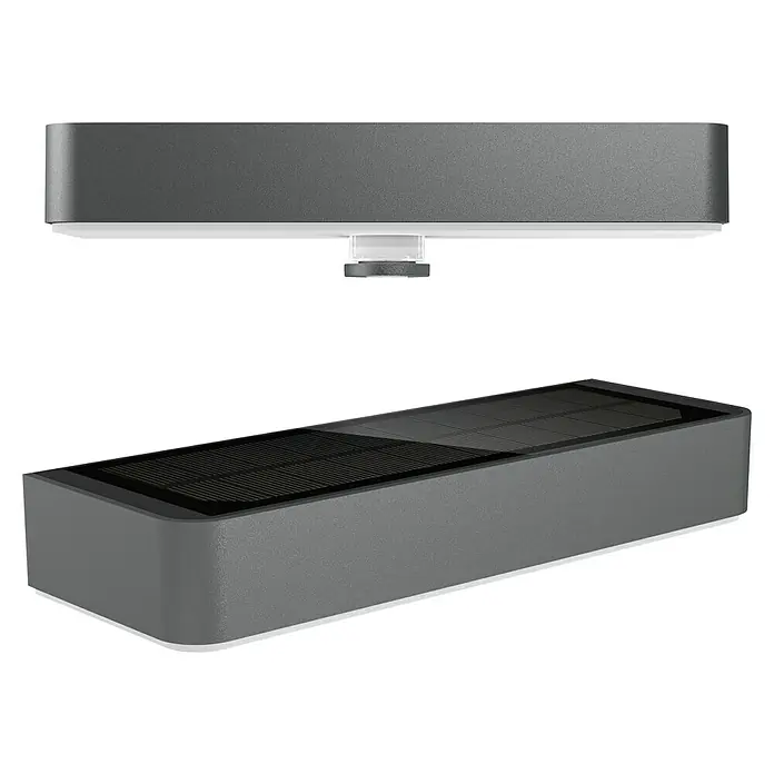 Steinel XSolar Solar-Außenwandleuchte XSOLAR SOL-O S anthrazit - 1,5 W, L x B x H: 24,2 x 9,1 x 5,3 cm, IP44 - Abbildung einer modernen Solarleuchte, ideal für den Außenbereich, mit einem eleganten, grauen Design. Sie bietet umweltfreundliche Beleuchtung und ist einfach zu installieren.
