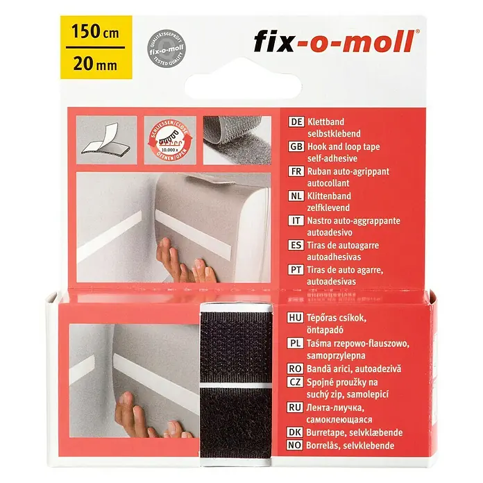 Fix-o-moll Klettband - 150 cm x 20 mm, Schwarz, Kleben - Klettband selbstklebend von fix-o-moll mit einer Länge von 150cm und einer Breite von 20mm.
