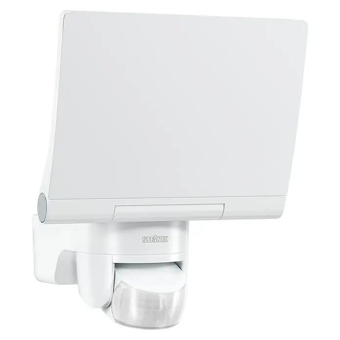 Steinel LED-Strahler XLED home 2 XL S weiß - 19,3 W, L x B x H: 161 x 180 x 214 mm, Weiß - Nahaufnahme eines weißen Steinel-Außenstrahlers mit Bewegungsmelder, ideal für die Beleuchtung von Außenbereichen.