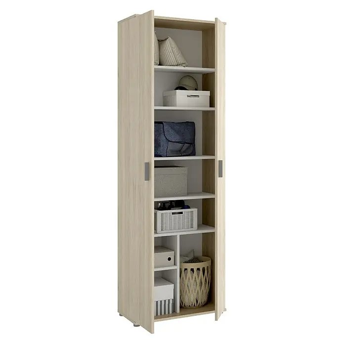 Dekit Armario multiusos de madera Fit - L x An x Al: 35 x 61 x 190 cm, Roble - Un armario abierto de madera con múltiples estantes con diversos objetos como cajas y cestas colocados sobre ellos.