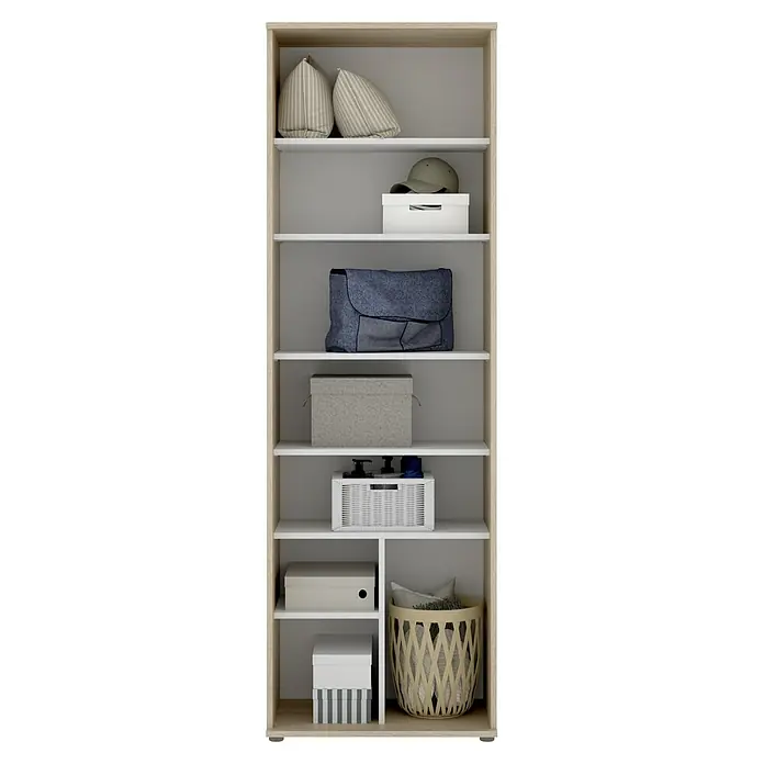 Dekit Armario multiusos de madera Fit - L x An x Al: 35 x 61 x 190 cm, Roble - Fotografía de un armario alto con varios estantes llenos de diversos contenedores de almacenamiento y artículos para el hogar.