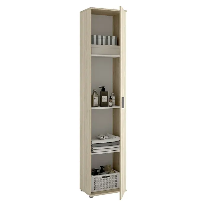 Dekit Armario multiusos de madera Fit - L x An x Al: 35 x 39 x 190 cm, Número de baldas: 4 ud., Roble - Imagen de un mueble de baño alto y estrecho con una puerta abierta, que muestra artículos de tocador y toallas en sus estantes.