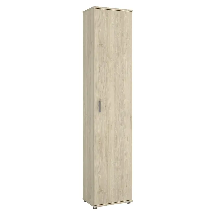 Dekit Armario multiusos de madera Fit - L x An x Al: 35 x 39 x 190 cm, Número de baldas: 4 ud., Roble - Un elegante armario de madera clara con una puerta y un tirador minimalista, ideal para almacenaje en cualquier habitación.