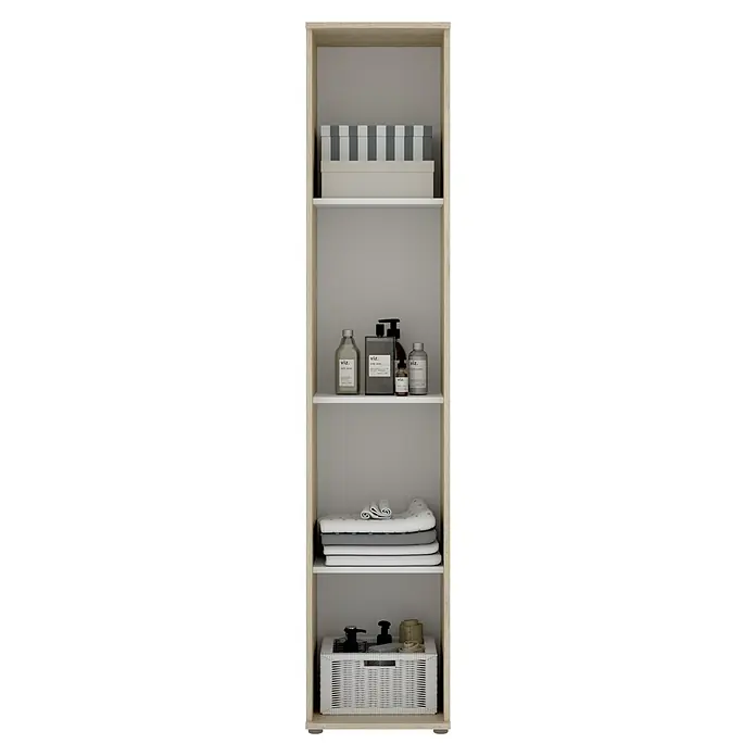Dekit Armario multiusos de madera Fit - L x An x Al: 35 x 39 x 190 cm, Número de baldas: 4 ud., Roble - Un armario de baño alto y estrecho con cuatro estantes llenos de elementos esenciales para el baño, como toallas y artículos de aseo.