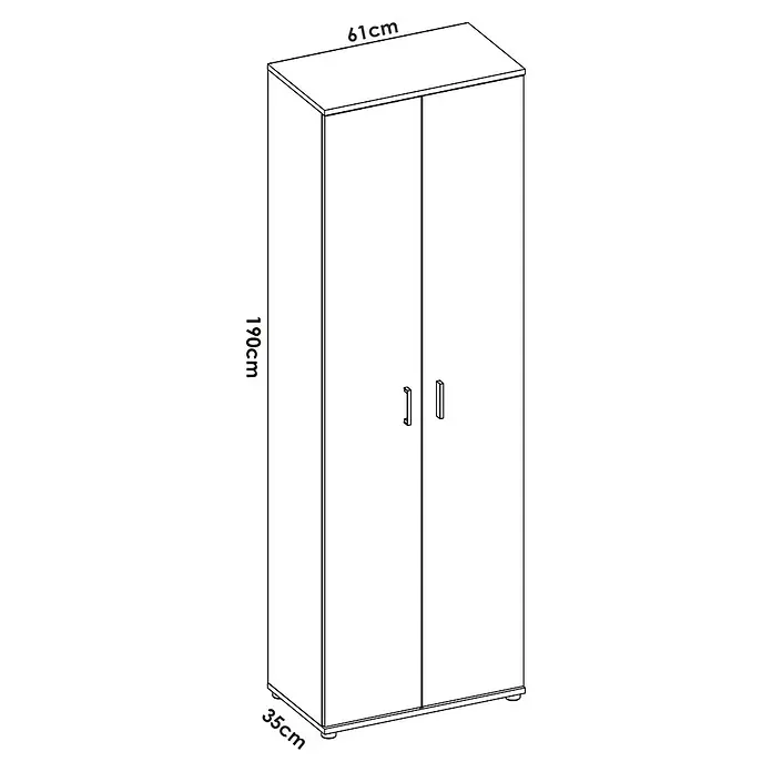 Dekit Armario multiusos de madera Fit - L x An x Al: 35 x 61 x 190 cm, Roble - Ilustración de un armario alto de dos puertas, que mide 190 cm de alto, 61 cm de ancho y 35 cm de profundidad.