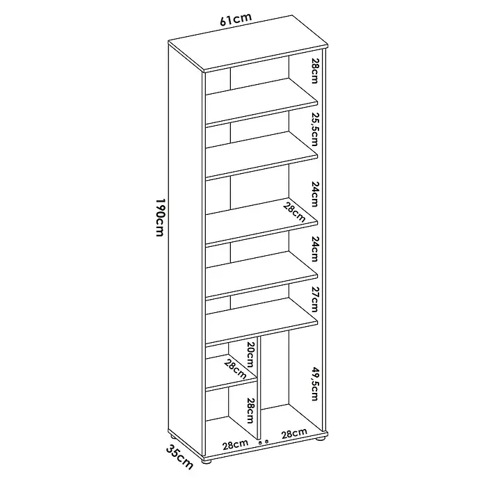 Dekit Armario multiusos de madera Fit - L x An x Al: 35 x 61 x 190 cm, Roble - Representación esquemática de una estantería con varios compartimentos y las dimensiones correspondientes en centímetros.