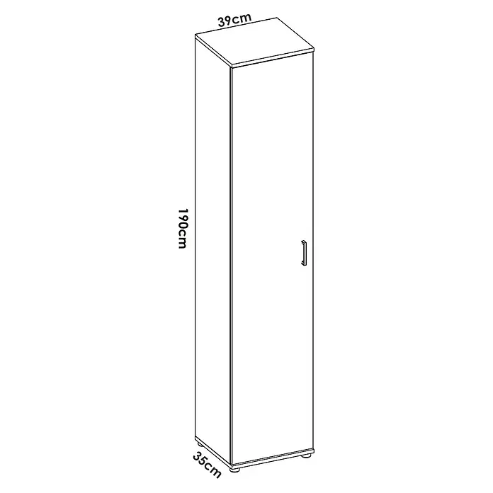 Dekit Armario multiusos de madera Fit - L x An x Al: 35 x 39 x 190 cm, Número de baldas: 4 ud., Roble - Ilustración de un armario blanco y estrecho con dimensiones de 39 cm x 35 cm x 190 cm, ideal para optimizar el espacio.